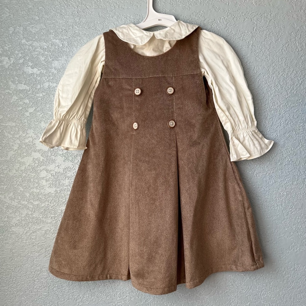 Brown Pinafore Dress Set with Cream Blouse Toddler Girl 3–4Y Vintage Style